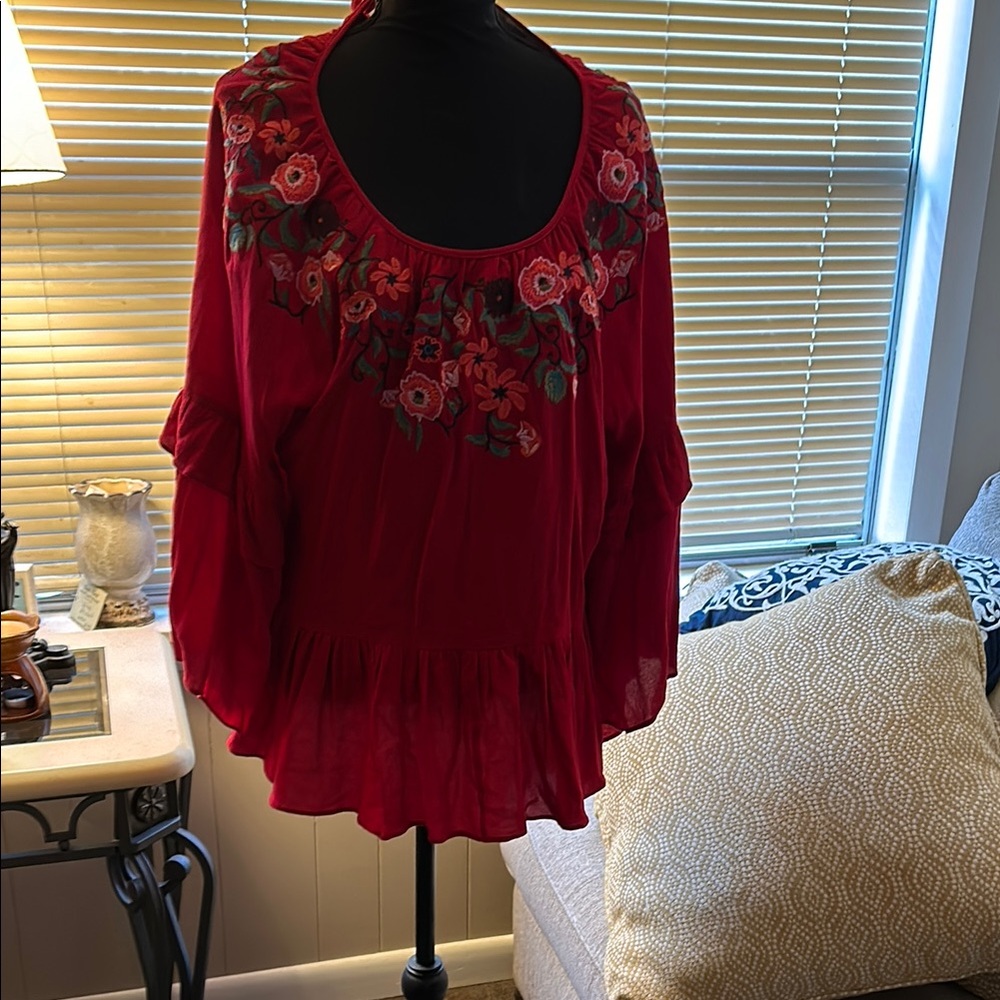 Umgee Red Floral Embroidered Blouse